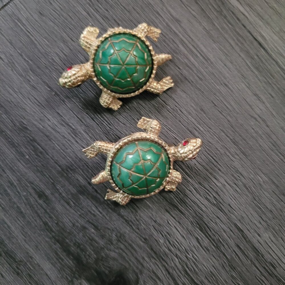 2 Turtle vintage brooches With Red Crystal Eyes